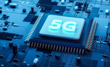 5G ağ işlemcisi 3D görüntüleme, 5G logosu ve parlayan devre arkaplanı olan bilgisayar ana kartı çipi, Merkezi Bilgisayar İşlemcisi CPU, 5G teknoloji kavramı