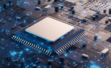 Closeup of electronic circuit board with CPU microchip electronic components futuristic big data connection technology concept . clipart
