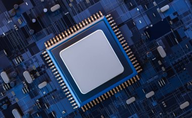 Concept future electronic circuit board with processor close up.