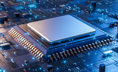 Closeup of electronic circuit board with CPU microchip electronic components futuristic big data connection technology concept .