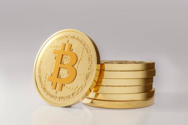 Şifreli para birimi işi. 3 boyutlu bitcoin madeni para finansmanı kavramı beyaz arkaplanda izole edildi