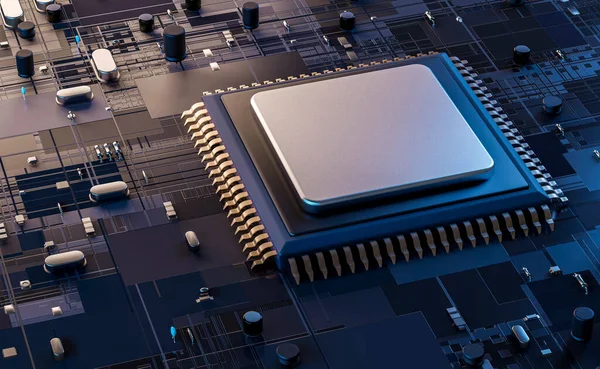 Close-up view of a modern GPU card with circuit and colorful lights and details 3D renderin