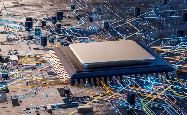 Nahaufnahme Einer Modernen Mikrochip Cpu Gpu Karte Mit Schaltung Und — Stockfoto