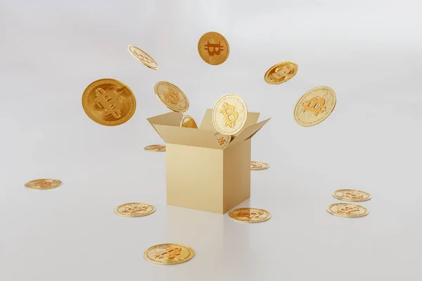 Zlatá Banka Symbol Bitcoinu Překvapení Uvnitř Otevřené Krabice Izolované Bílém — Stock fotografie
