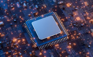 Elektronik devre kartının CPU mikroçip elektronik bileşenleri ile kapatılması gelecekteki büyük veri bağlantı teknolojisi kavramı .