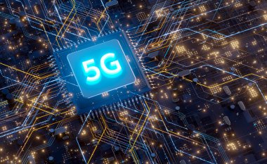 5G technology chip processor background circuit board communication technology high-speed mobile Internet, new generation networks. Business, modern technology, internet and networking concept.