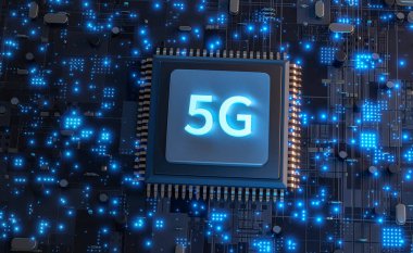 Modern devre kartında 5G ağ iletişimi, yüksek hızlı mobil internet ve yeni nesil ağ teknolojisi arka planı