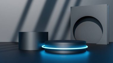 Podyum - Gölge 'nin altında koyu mavi kaide. Arka plan ışığı, malların tanıtımı için boş alanı aydınlatır. Asgari 3d biçimlendirme çizimi.