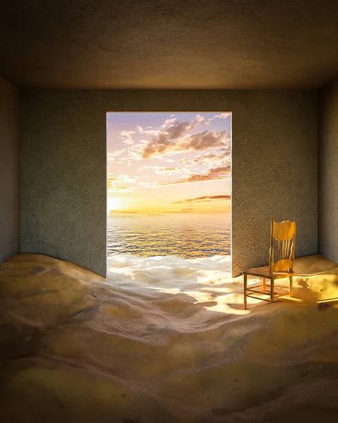 Kreativní Židle Západ Slunce Pohled Starý Prázdný Pokoj Naplněný Pískem — Stock fotografie