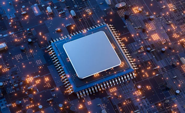 Closeup of electronic circuit board with CPU microchip electronic components futuristic big data connection technology concept .