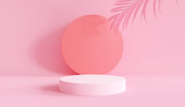 Sahne Podyumu Sahnesi, yapraklı yumuşak pembe silindir podyum arka planı. Ödül töreni arka planda. 3d. 