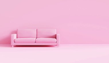 Pembe oturma odasındaki modern kanepe. Asgari tarz konsept. Pastel renk tarzı. 3 Boyutlu Hazırlama.