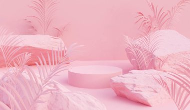 soyut pastel pembe renk geometrik taş ve kaya şekilli arkaplan, podyum gösterisi veya vitrin için minimalist model, 3d görüntüleme. Soyut pastel pembe renk geometrik taş ve kaya şekilli arkaplan, podyum veya showcas için minimalist modelleme