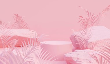 Taş ve Kaya şekilli arka plan, soyut pembe geometrik minimalist podyum görüntüleme veya sergi için modelleme, 3D.