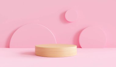 Ahşap podyum, en az pembe duvar sahnesi. 3d oluşturma