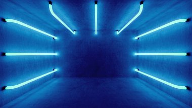 Gelecekçi mimari geçmişi. Beton duvarlı bir kutu. Mavi neon lambalı soyut mavi oda içi. 