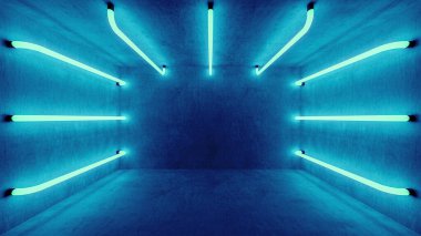 Gelecekçi mimari geçmişi. Beton duvarlı bir kutu. Mavi neon lambalı soyut mavi oda içi. 
