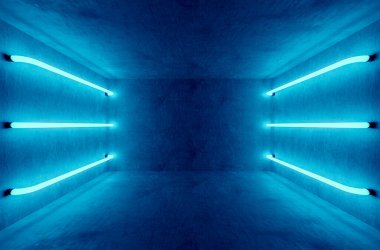 Tasarım projeniz için modelleme, 3D illüstrasyon soyut mavi oda içi mavi neon lambalı. Gelecekçi mimari geçmişi. Beton duvarlı kutu. 