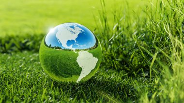Environment concept. View of glass earth globe in the green grass field. 3D rendering.