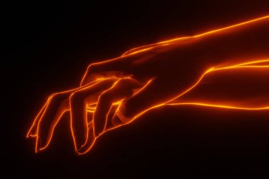 Arkadaki ateş parlarken üç boyutlu el görüntüsünü kapat. Yardım et, bana el konseptini ver.
