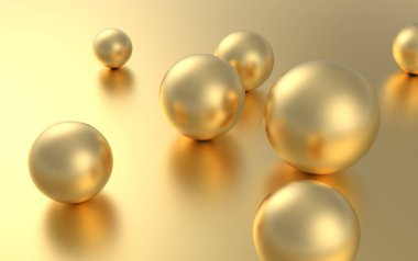 Altın arkaplanda yansımalı altın küre topu. 3B görüntüleme.