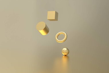 Gold geometric shape form floating 3d rendering