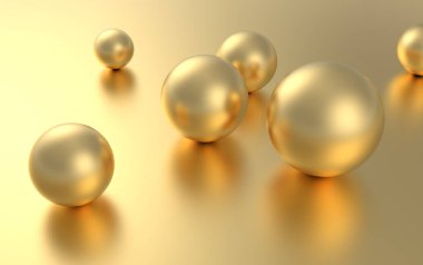 Altın arkaplanda yansımalı altın küre topu. 3B görüntüleme.