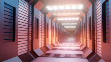 3D render. Fütüristik iç koridor mimari