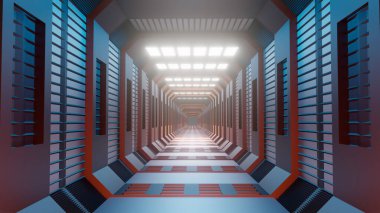 3D render. Fütüristik iç koridor mimari