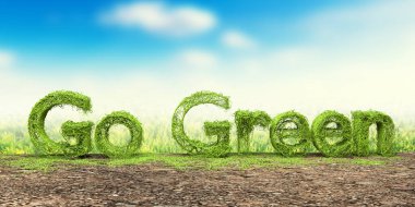 Go Green 3D word made with green grass isolated on blue sky background. 3D rendering.