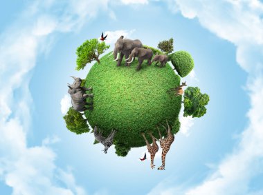 Green peace earth, miniature planet, globe concept showing a green, peaceful and animals herbivore life 