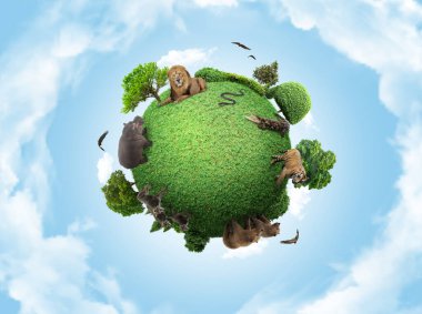 Yeşil barış dünyası, minyatür gezegen, yeşil, barışçıl ve hayvanların etobur yaşamını gösteren dünya konsepti 