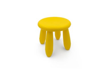 Beyaz arka planda şirin bir dışkı var. Çocuk koltuğu. Sarı tabure.