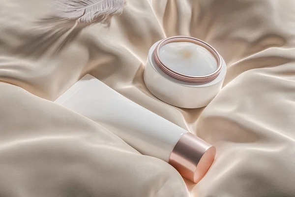 Make Cosmetics Beauty Product Mockup Banner Silk Draped Fabric Background — Stok fotoğraf