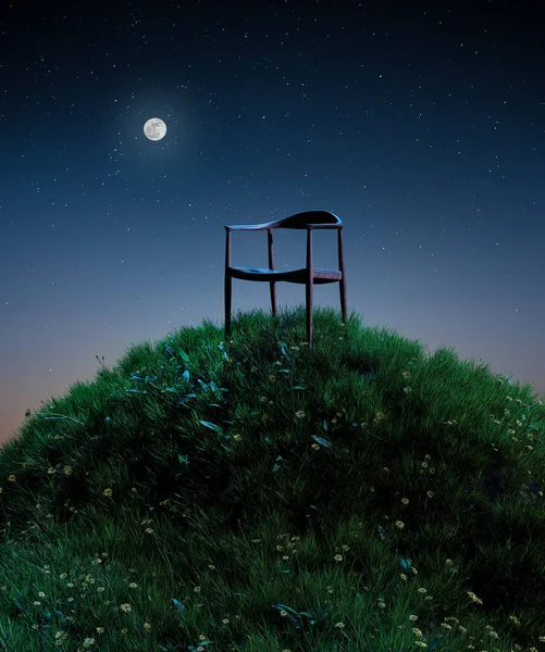 Přírodní Měsíční Pole Svěží Trávy Malá Kopcovitá Louka Dřevěnou Židlí — Stock fotografie