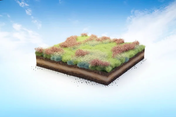 赤い花 土の地質断面を持つ3Dキュービックガーデンの芝生の土地 3Dイラスト青空に隔離された地上生態 — ストック写真