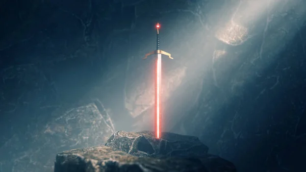 Sword Stone Light Rays Dust Specs Dark Cave — 스톡 사진