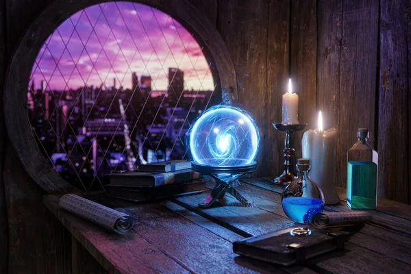 Alchemist Concept Crystal Mystic Ball Spell Book Magic Ring Magic — Stock fotografie