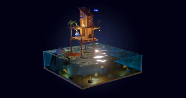 3D漫画木製の海の夜のシーンは 海の上で フラグと木製のボートで 透明度の高い海の中の魚を見ることができます — ストック写真