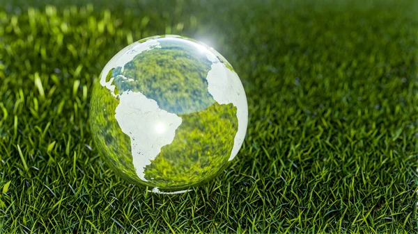 Close View Planet Earth Crystal Ball Green Field Light Reflection — Stockfoto