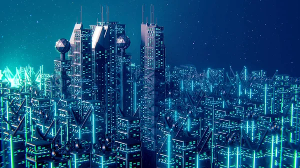 3D Night city illustration with neon glow and vivid colors. illustration with architecture, skyscrapers, megapolis, buildings, downtown.