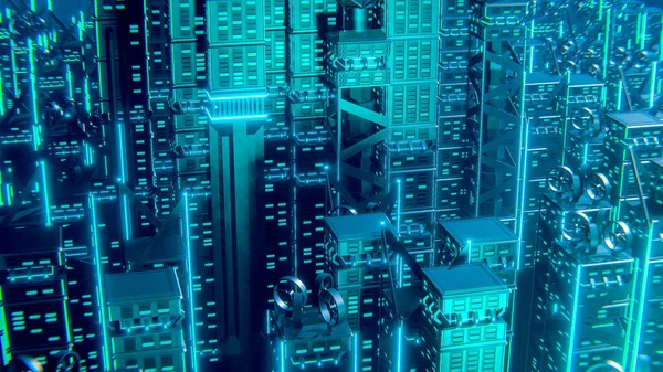 Gelecekçi gökdelenler. Dijital veri akışı. Geleceğin şehri. Üç boyutlu illüstrasyon. 3B görüntüleme