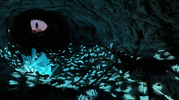 Aranha Uma Caverna Cheia Cogumelos Brilhantes — Fotografia de Stock