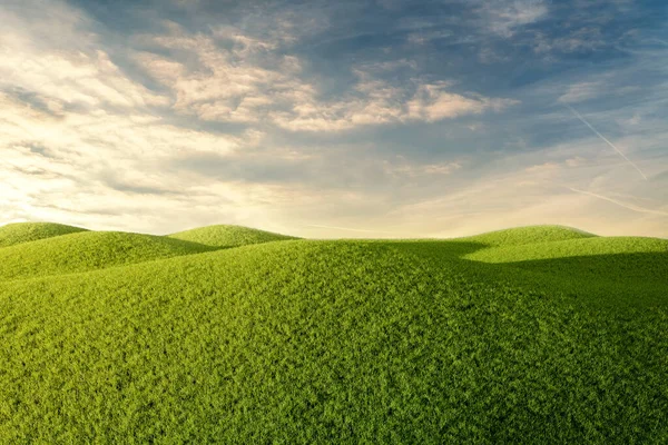 Green Hills Grass Field Cloudy Sky Rendering — Stockfoto