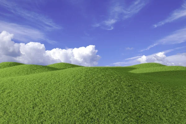 Rendered Illustration Green Hills Grass Field Blue Sky Clouds Background — стоковое фото