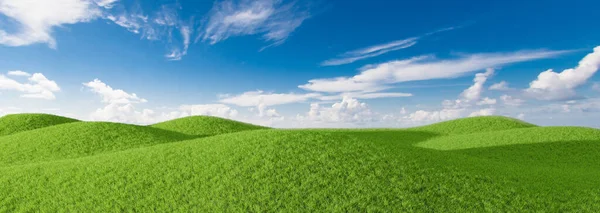 Green Grass Field Small Hills Blue Sky Clouds Rendering — стоковое фото
