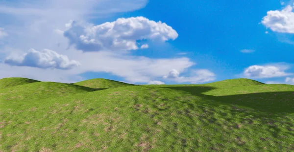 緑の草原の丘と背景の青い空 3Dレンダリングと美しい風景 — ストック写真