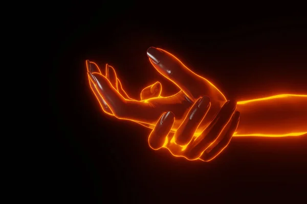 Close View Right Hand Holding Left Hand Light Fire Glowing — 스톡 사진