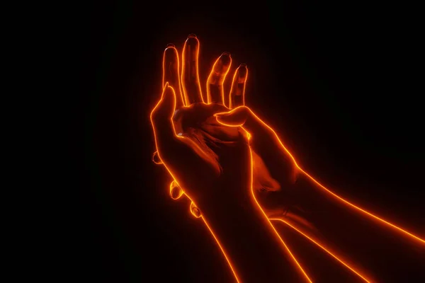 Right Hand Holding Press Left Hand Close Fire Glowing Effect — Fotografia de Stock