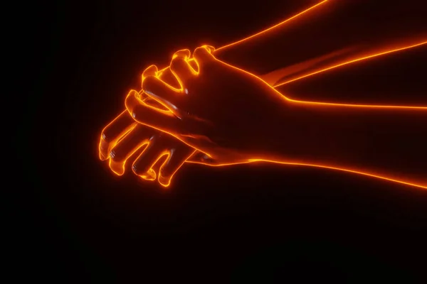 Close View Hand Grabbing Hand Light Fire Glowing Effect Stopping — Zdjęcie stockowe